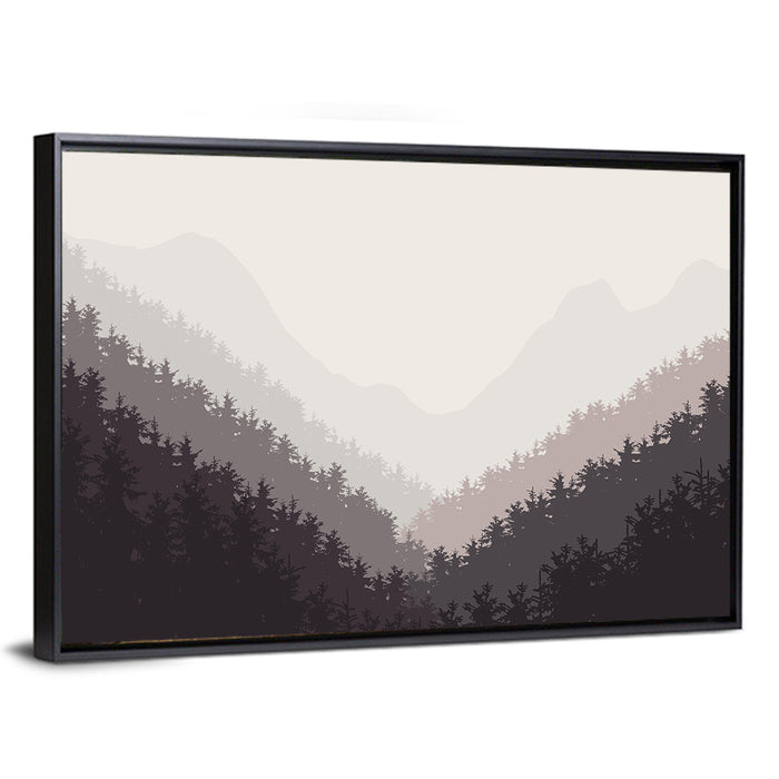 Misty Mountain Valley Illustration Wall Art as a framed canvas