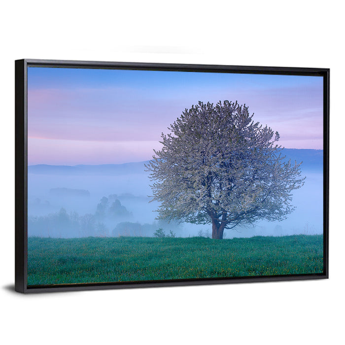 Misty Sumava Mountain Tree Wall Art as a framed canvas