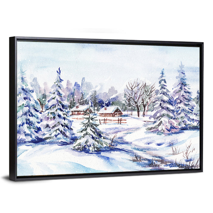 Snowy Village Path Wall Art as a framed canvas