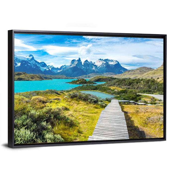 Torres Del Paine Boardwalk to Turquoise Lake Wall Art as a framed canvas