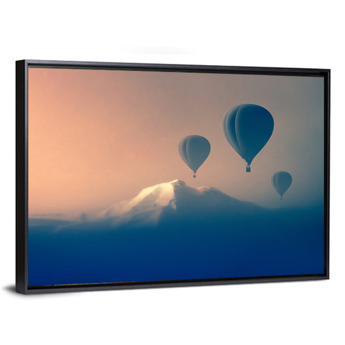 Three Hot Air Balloons Over Misty Peak Wall Art as a framed canvas