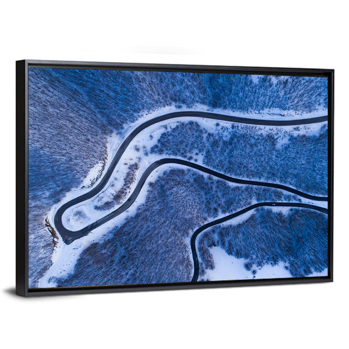 Montenegro Snowy Mountain Road Wall Art as a framed canvas