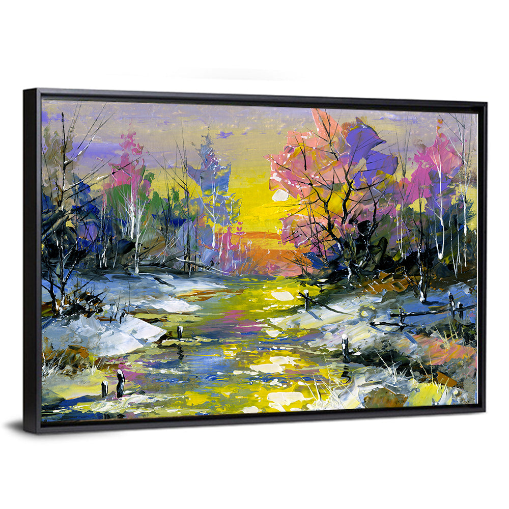 Golden Sunset Over Snowy Stream Wall Art