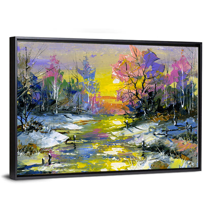 Golden Sunset Over Snowy Stream Wall Art
