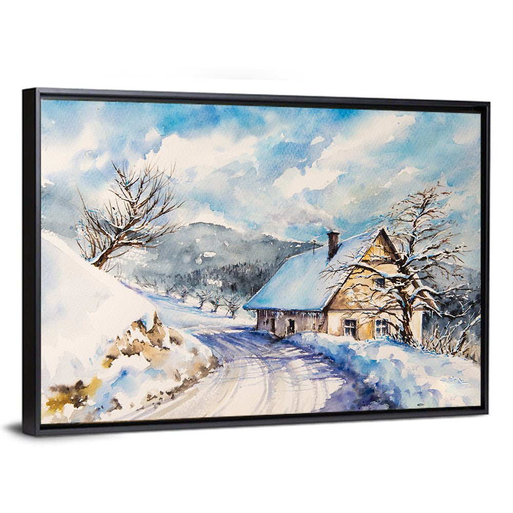 Snowy Mountain Cottage on Curved Path Wall Art