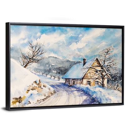 Snowy Mountain Cottage on Curved Path Wall Art