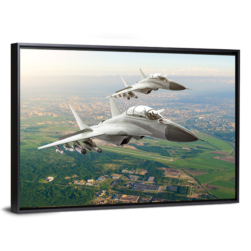 Twin Fighter Jets Over Cityscape Wall Art