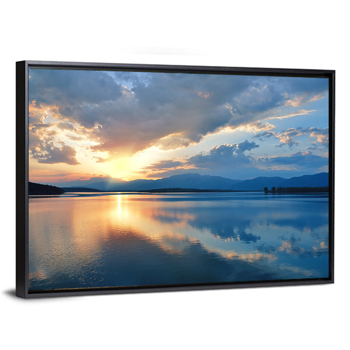 Golden Hour Lake Reflection Wall Art as a framed canvas