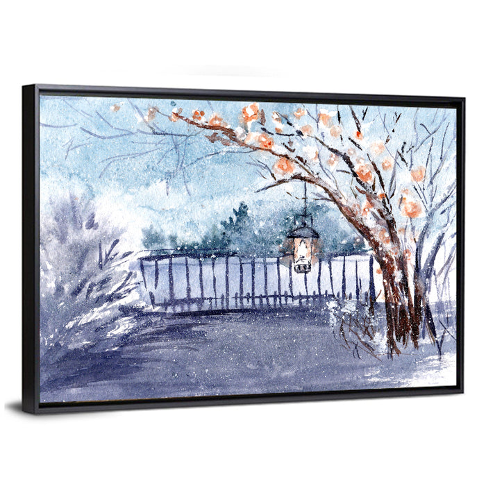 Countryside Winter Lantern Illustration Wall Art as a framed canvas