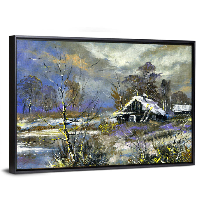 Winter Cottage by the River Wall Art as a framed canvas