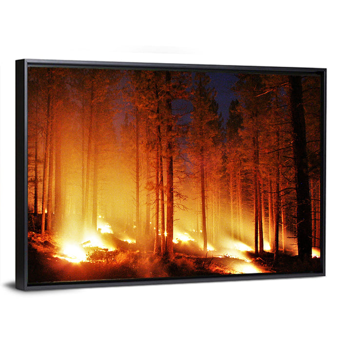 Night Forest Fire Wall Art as a framed canvas