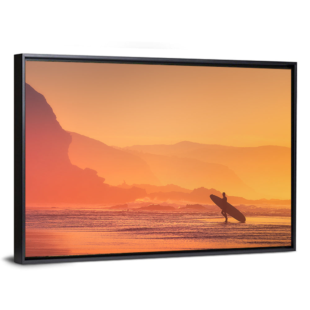 Surfer Silhouette at Golden Sunset Wall Art
