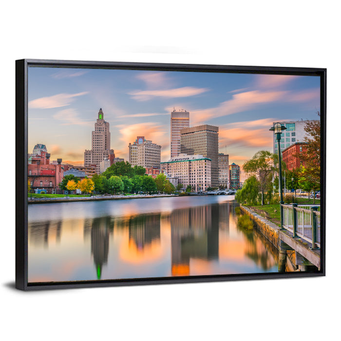 Providence Golden Hour Skyline Wall Art as a framed canvas