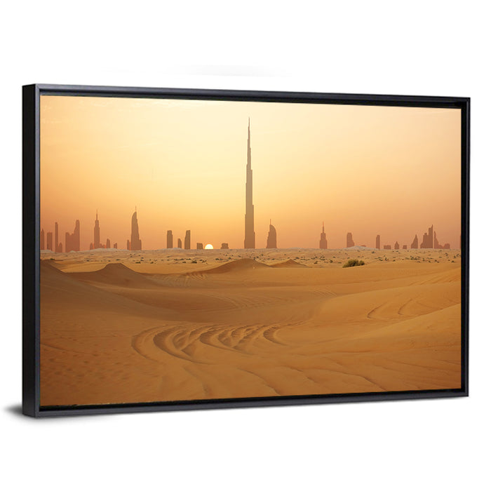 Dubai Skyline at Sunset Wall Art as a framed canvas