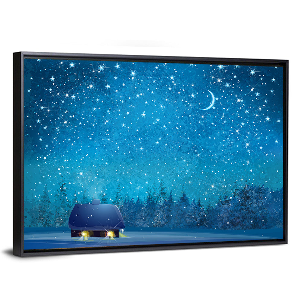 Winter Cottage Under Crescent Moon Wall Art
