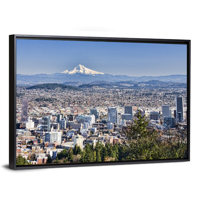 Portland Skyline with Mount Hood Wall Art as a framed canvas