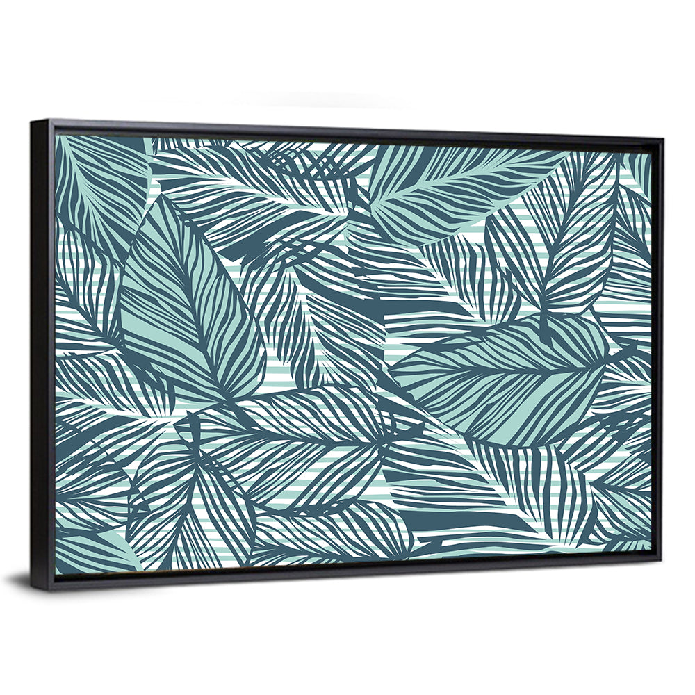 Striped Blue Palm Leaves Pattern Wall Art