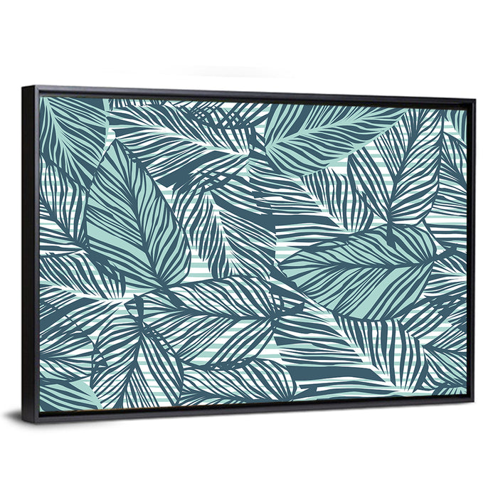 Striped Blue Palm Leaves Pattern Wall Art as a framed canvas