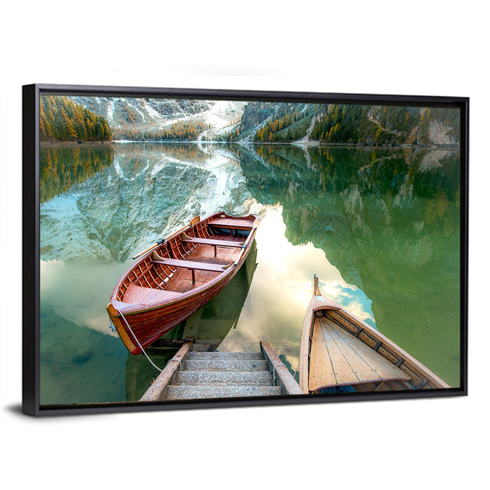 Autumn Lake with Wooden Boats Wall Art as a framed canvas