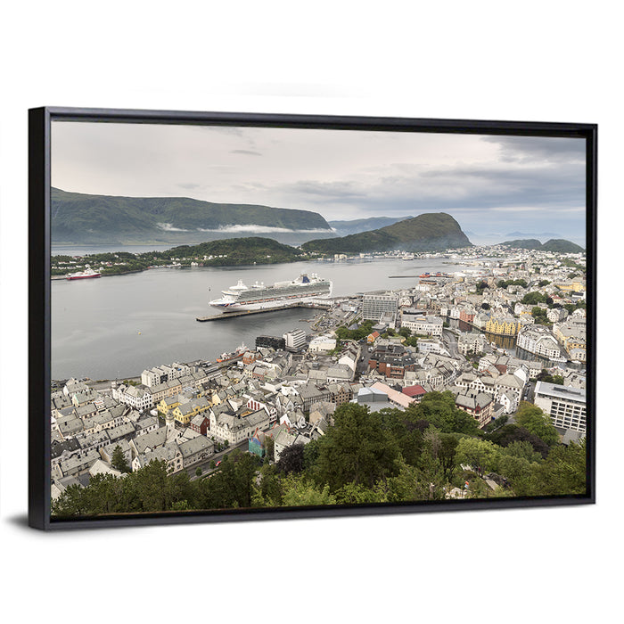 Alesund Harbor Cityscape Wall Art as a framed canvas