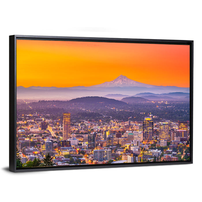 Mount Hood Over Portland Skyline Wall Art as a framed canvas