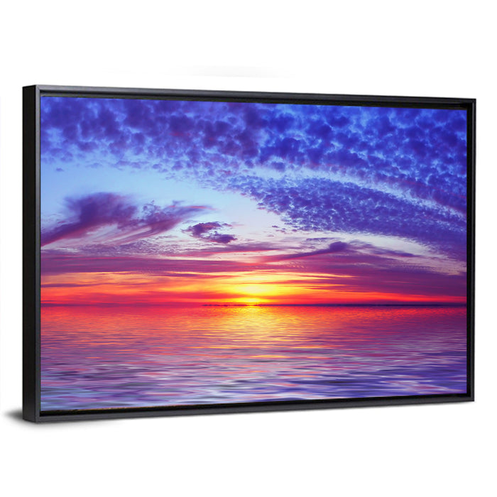 Bay Beach Sunset Wall Art as a framed canvas