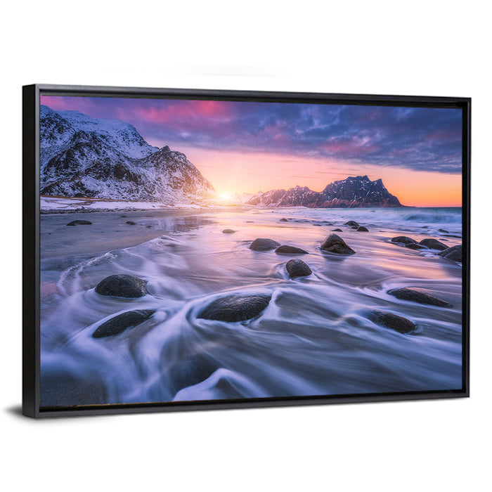 Utakleiv Sandy Beach Wall Art as a framed canvas
