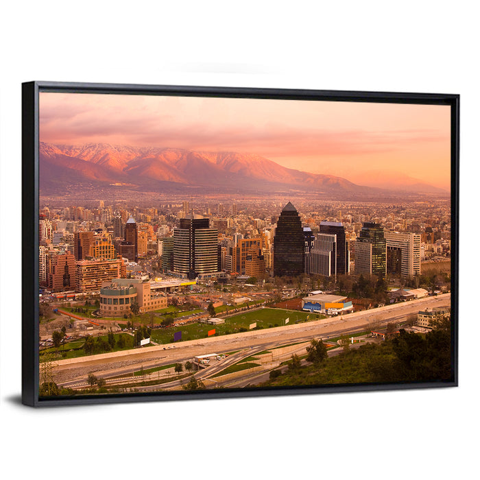 Santiago Skyline at Sunset Wall Art as a framed canvas