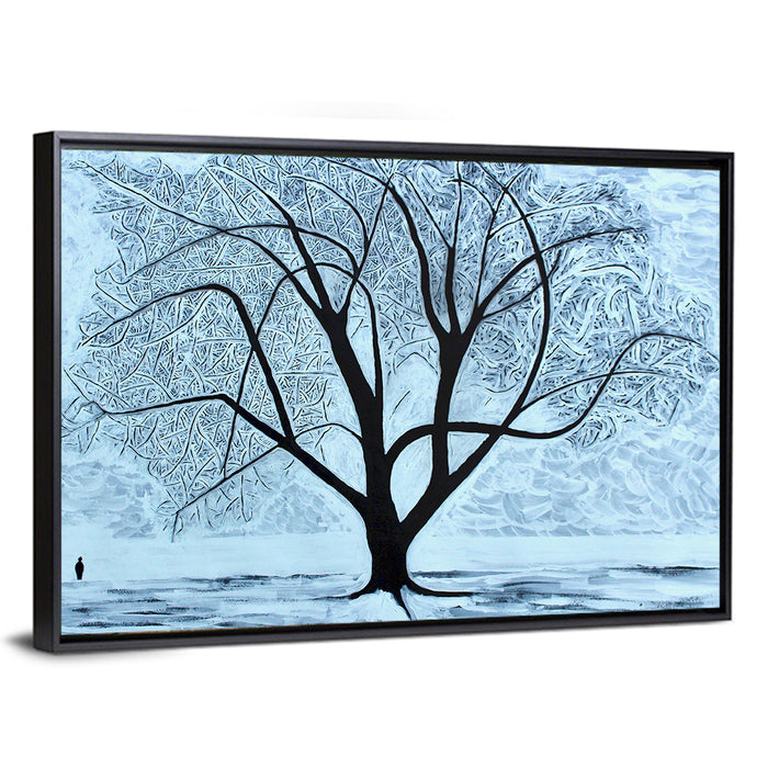 Snow Covered Tree Silhouette Wall Art as a framed canvas
