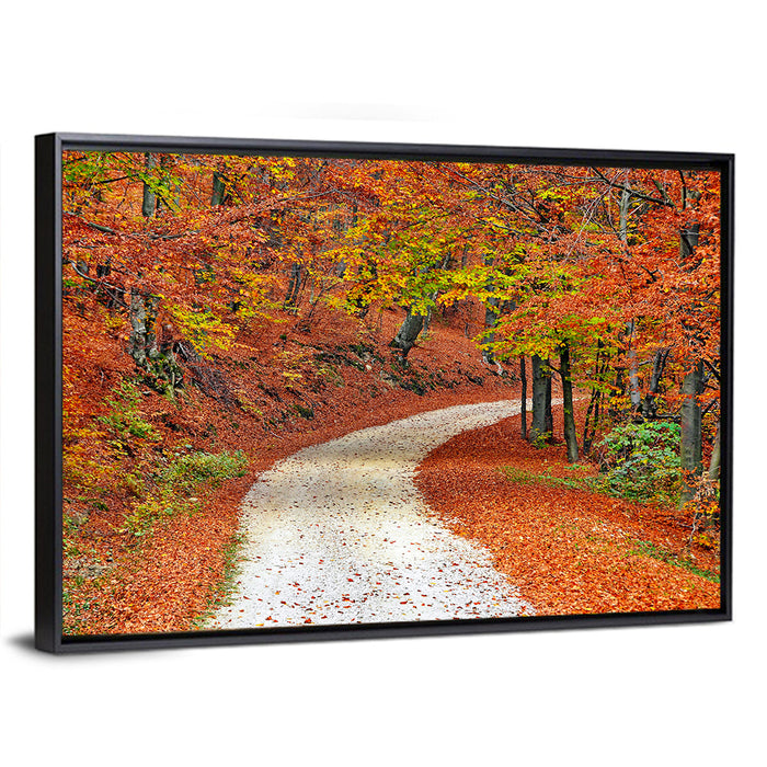 Misty Gravel Path Through Autumn Trees Wall Art as a framed canvas