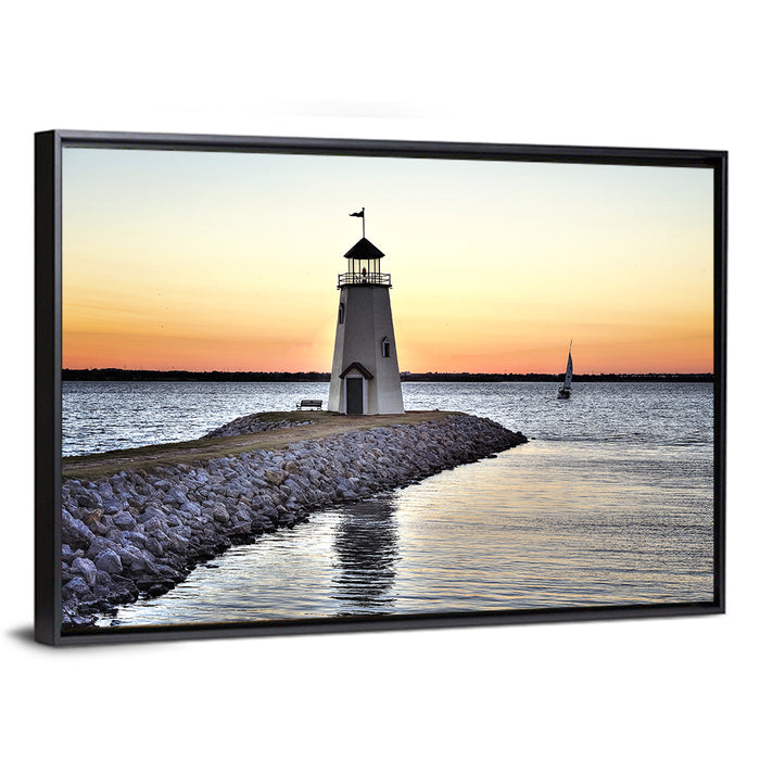 Lake Hefner Lighthouse Sunset Wall Art as a framed canvas
