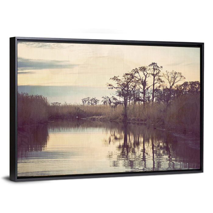 Louisiana Cypress Swamp at Dusk Wall Art as a framed canvas