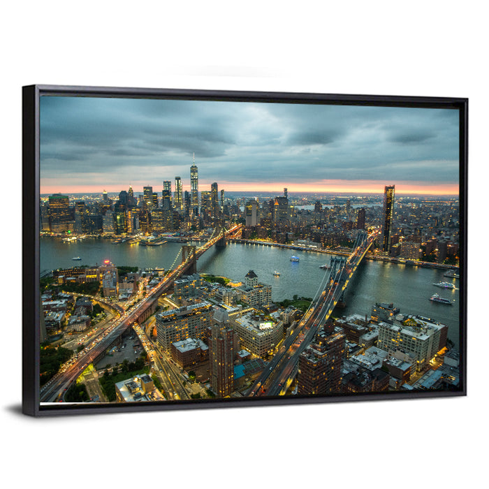 New York Twilight Cityscape Wall Art as a framed canvas