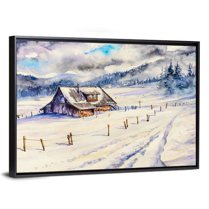 Snowy Mountain Cabin Landscape Wall Art