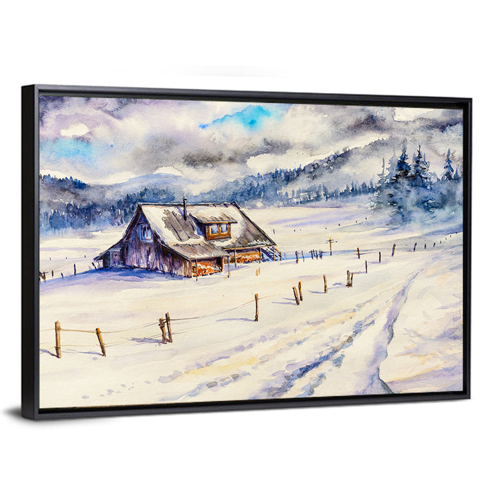Snowy Mountain Cabin Landscape Wall Art as a framed canvas