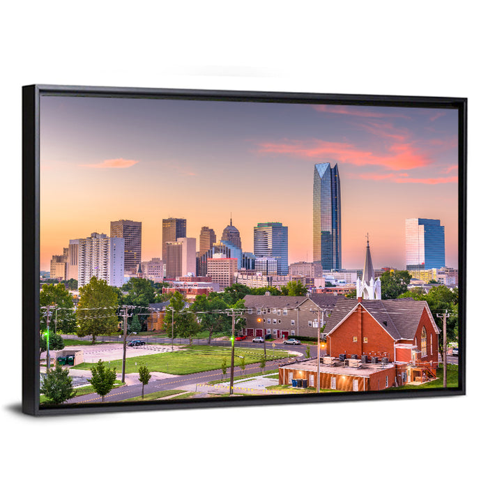 Oklahoma City Golden Hour Skyline Wall Art as a framed canvas