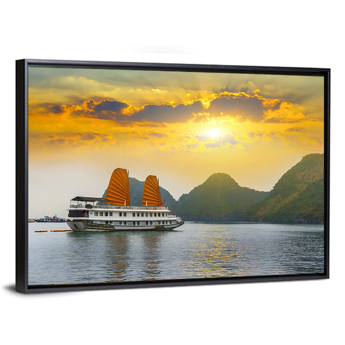Ha Long Bay Sunset with Orange Sails Wall Art as a framed canvas
