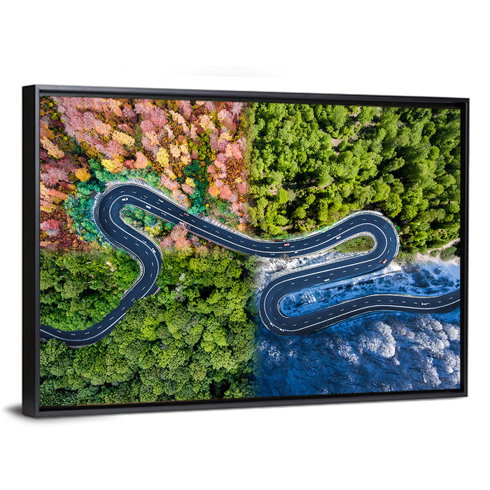 Four Seasons Winding Road Wall Art as a framed canvas