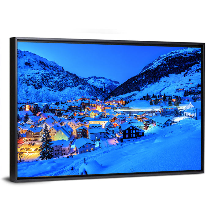 Andermatt Winter Village Wall Art as a framed canvas
