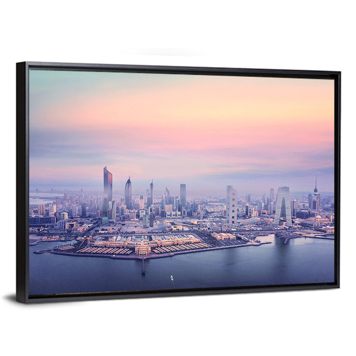 Kuwait City Twilight Skyline Wall Art as a framed canvas