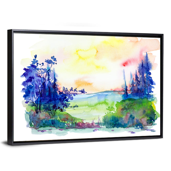 Sunrise Over Summer Forest Wall Art as a framed canvas