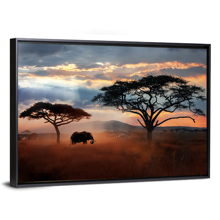 Savanna Elephant at Sunset Wall Art as a framed canvas
