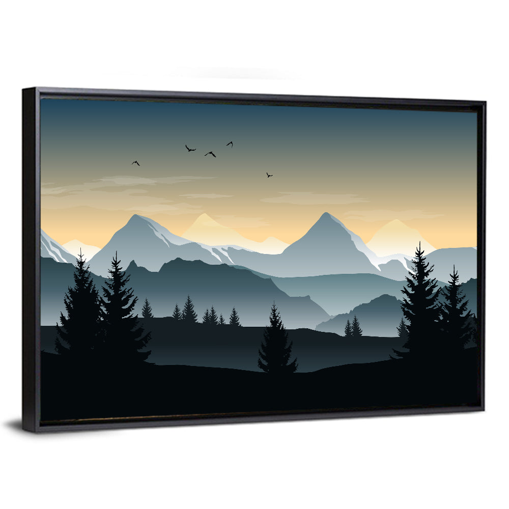 Misty Hills Sunset Silhouette Wall Art