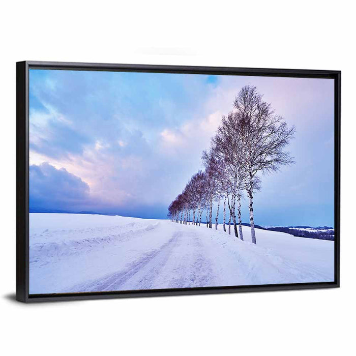Snowy Birch Road in Hokkaido Wall Art as a framed canvas