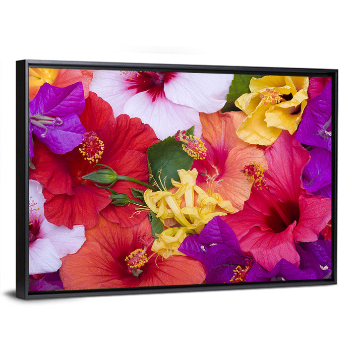 Tropical Bougainvillea and Hibiscus Bloom Wall Art as a framed canvas