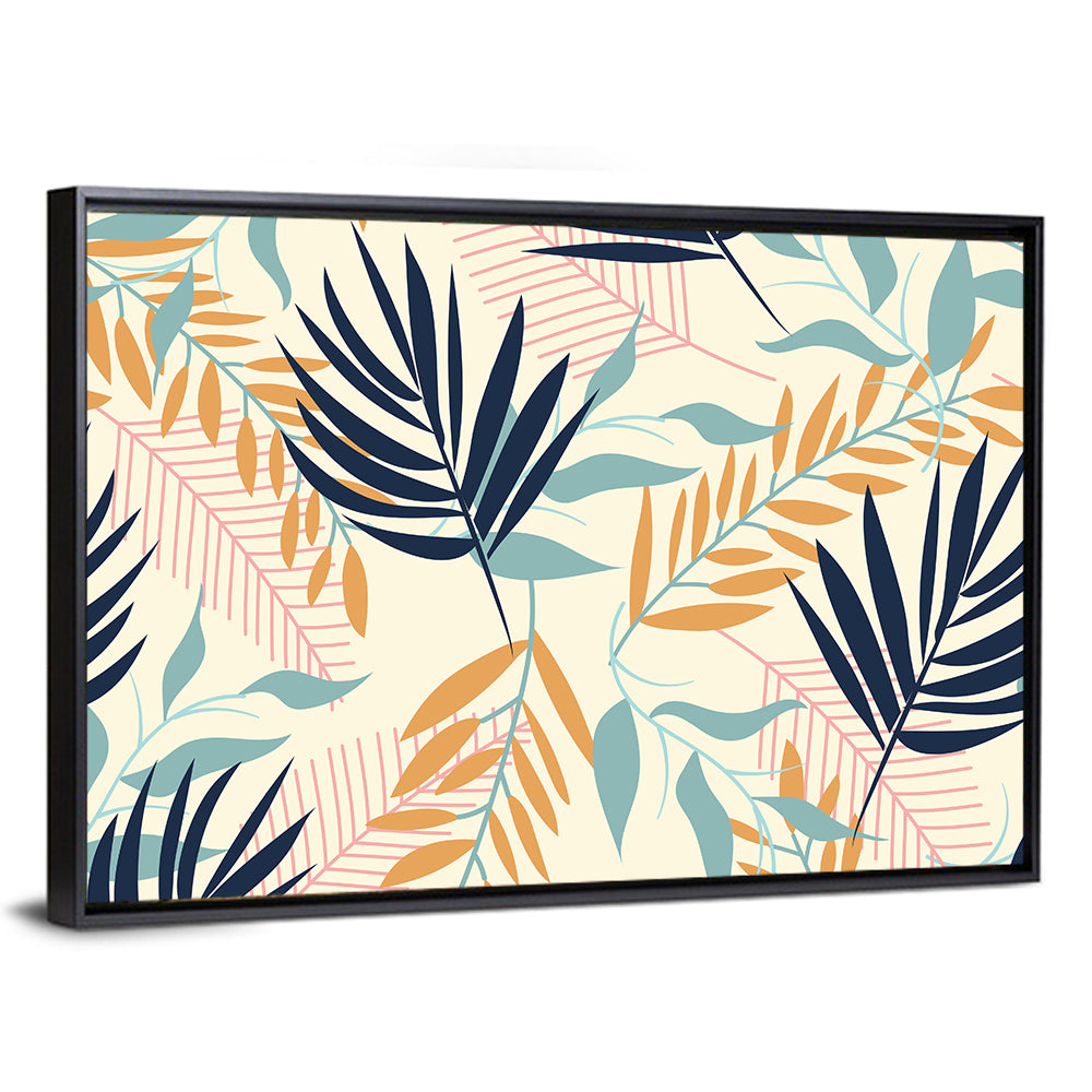 Cream and Navy Summer Leaves Pattern Wall Art