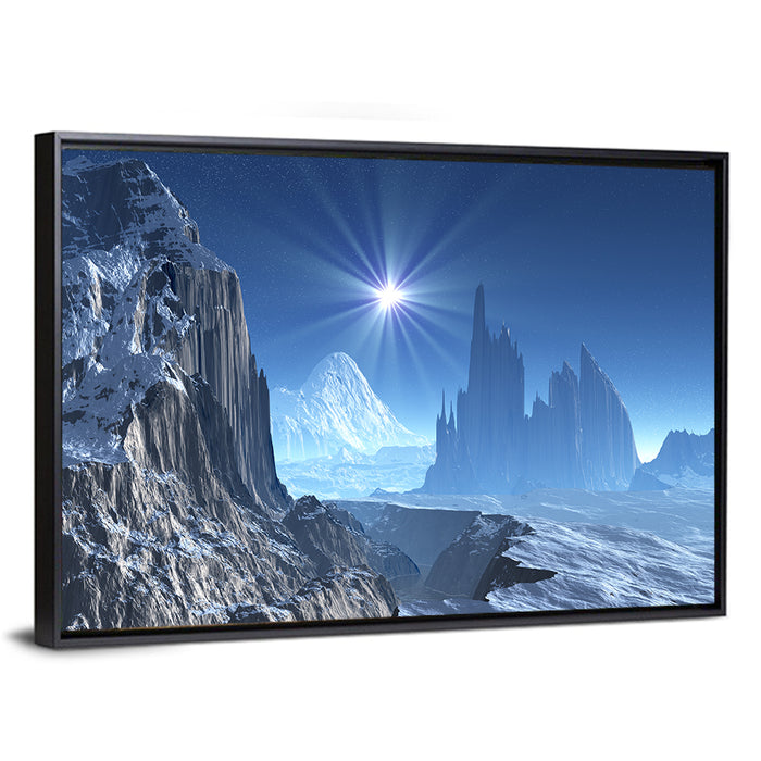 Nightfall on Frozen Alien World Wall Art as a framed canvas