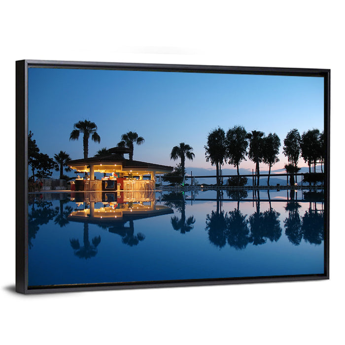 Twilight Poolside Bar Wall Art as a framed canvas