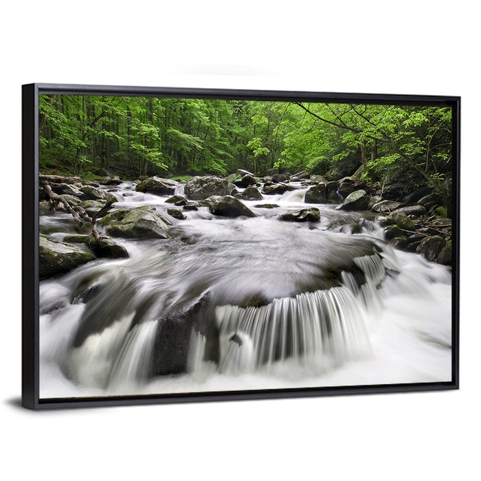 Smoky Mountains Cascading Stream Wall Art as a framed canvas