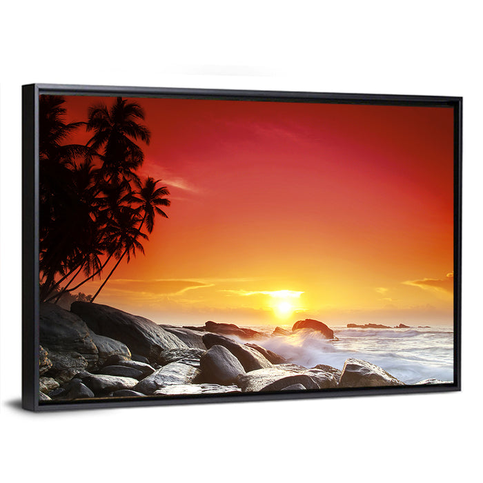 Tropical Island Sunset Wall Art as a framed canvas